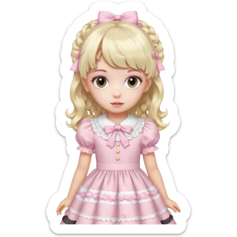 pale girl , who has curly medium length blonde and baby pink swirled hair with bangs , grey eyes , and doll like makeup , in a light pink lolita hime gyaru dress emoji | AI Emoji Generator sticker
