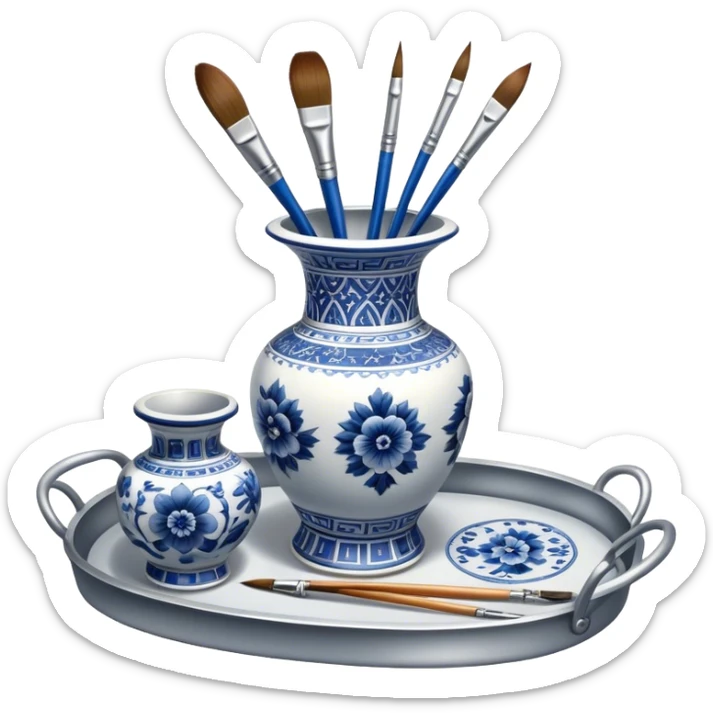 Metal painting icon, a metal vase with intricate designs in Gzhel and Chinese embroidery styles, placed on a metal tray, 3 paintbrushes beside it, minimalistic style, clean lines, transparent background. sticker