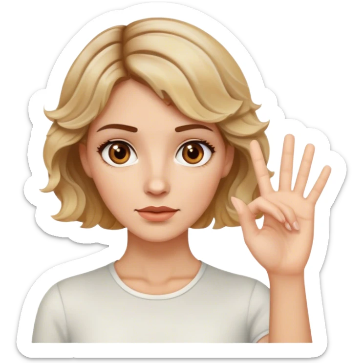 white woman, with brown eyes, brown short wavy hair with blonde highlights. Saying stop with hand gesture sticker