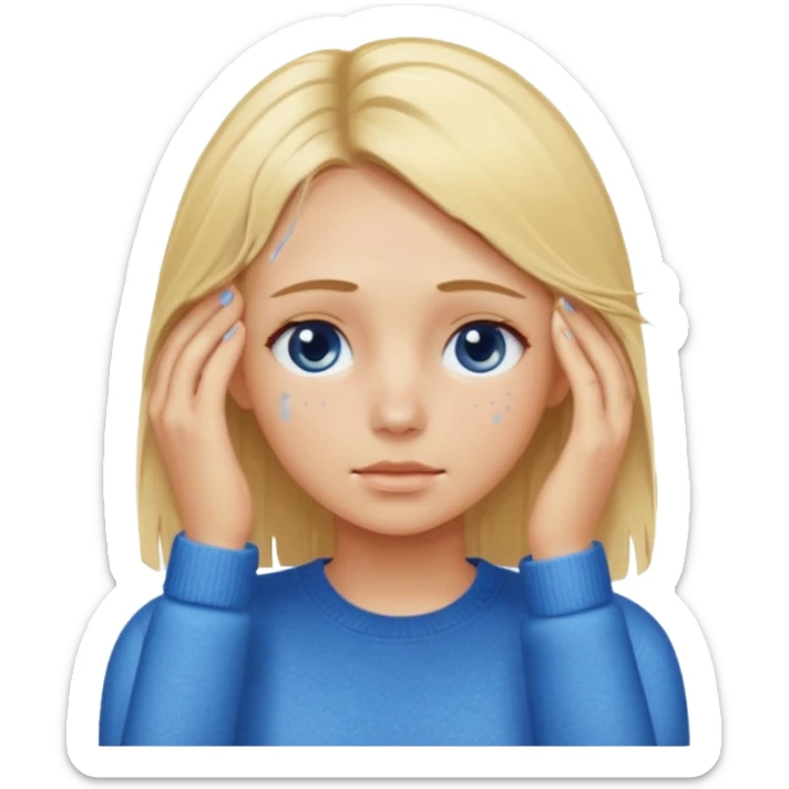 Girl massaging her head with blonde wet hair with anti-dark circles patches in her eyes dressed in a blue sweater sticker