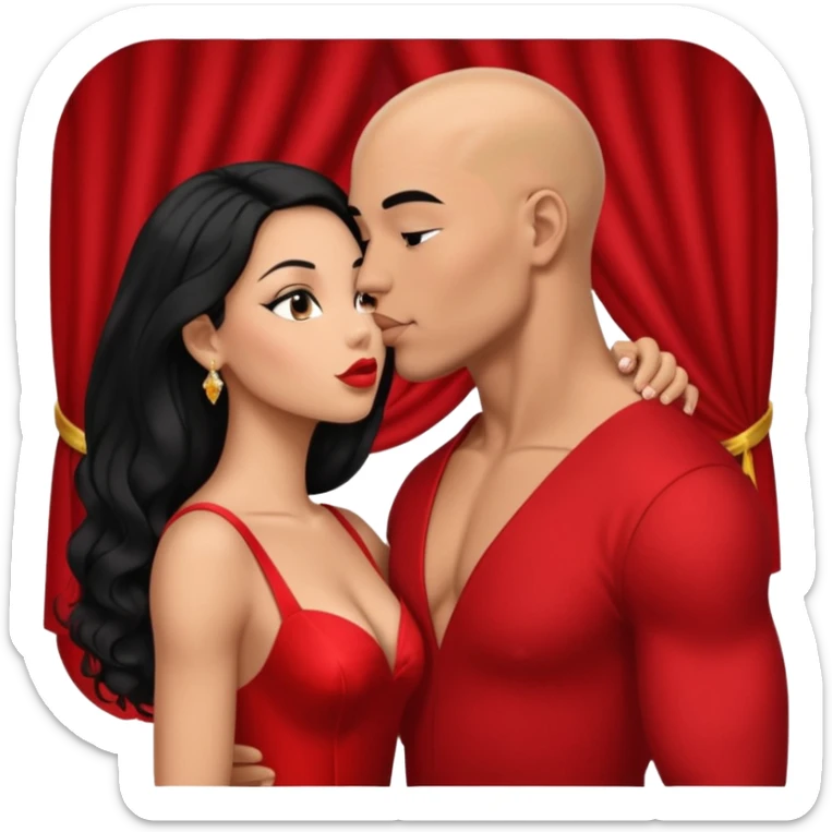 A bald muscular mulatto man kisses a long black hair woman in a red evening dress sticker