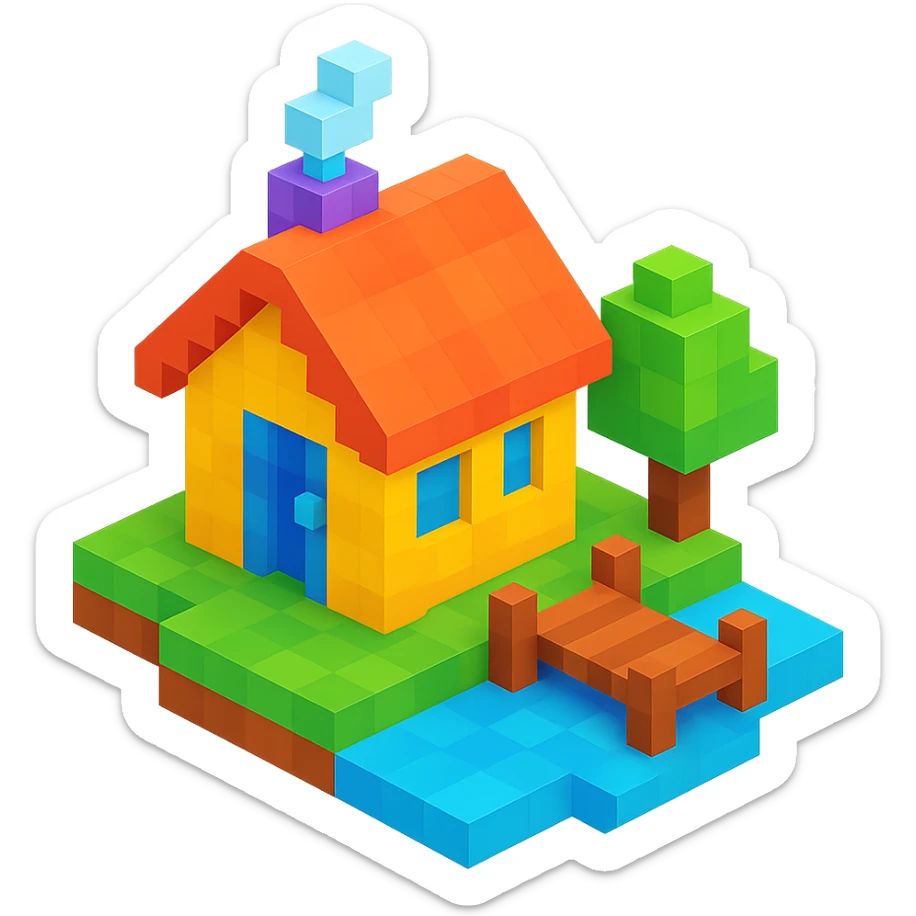 a small lakeside cottage in voxel style sticker