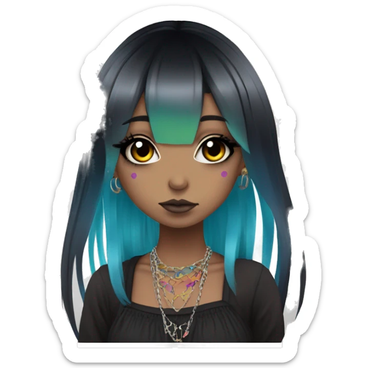 hime gyaru girl, long black hair with rainbow fringe, tattoos, dark makeup, goth grunge clothes sticker