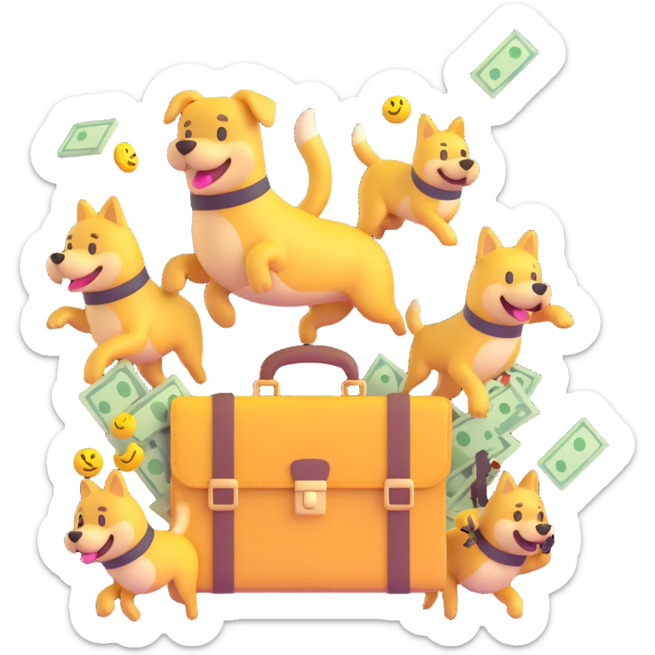 Yellow emoji with karate dogs, a briefcase, money, a phone and a paintbrush flying in its aura sticker