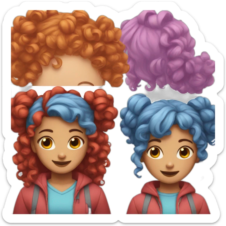 Girl with curly hair in two buns, one with red hair and the other with blue hair sticker