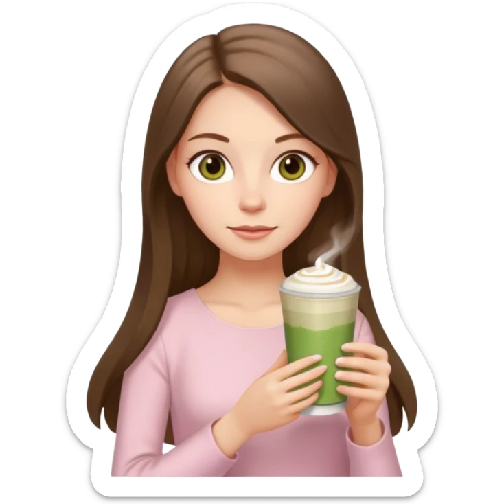white long brunette hair girl with hazel eyes wearing light pink who is holding matcha sticker