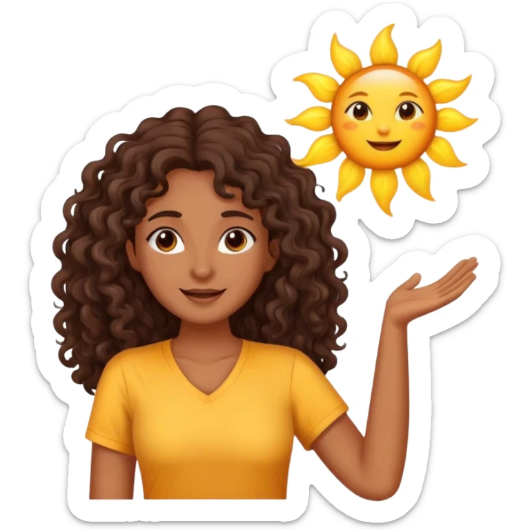 Brown woman with dark brown long curly hair saying good morning with the sun and yellow shirt  sticker