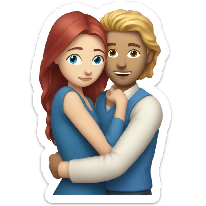 White Man with long hair and blue eyes hugging a white red hair woman sticker