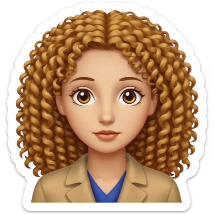 Can you create a woman with curly hair, but not too voluminous, with a wheat-colored complexion, hazel eyes, long and well-defined facial features, and tall? sticker