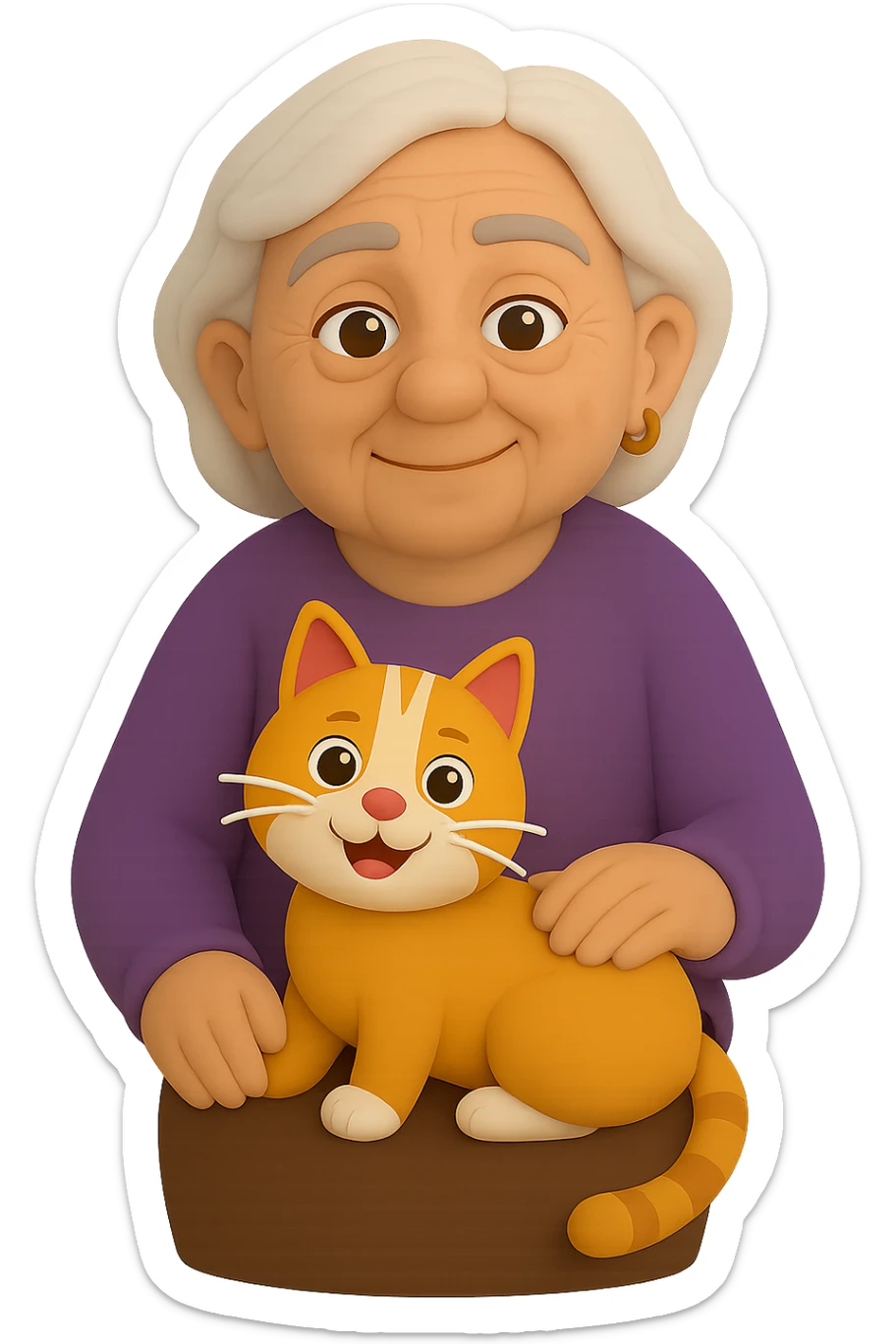 Create more poses of the grandmother holding the cat in Microsoft style 3D fluent emojis. Show different arm positions, with the cat sitting on her lap or on her shoulder. No background, transparent. sticker