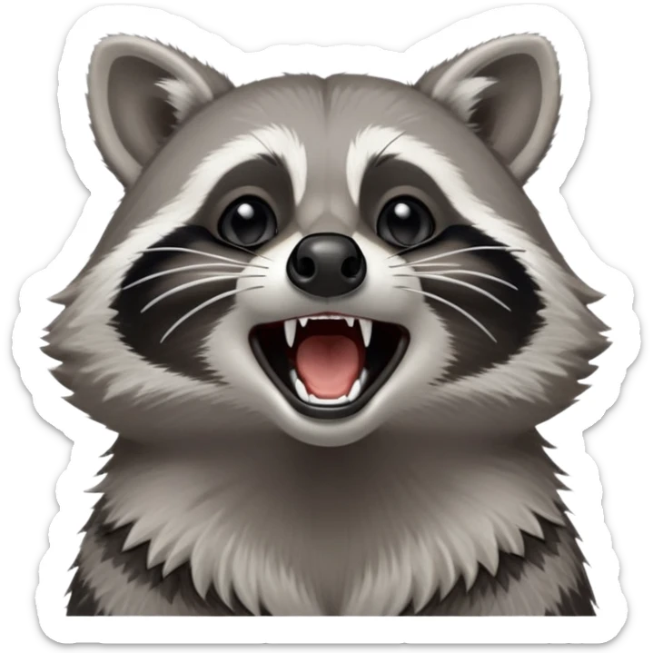 Cinematic-cute realistic- Yawning Raccoon-Portrait-Emoji – Poised and confident, wide-open yawn, revealing a soft grey with a sturdy build and a beautifully textured fur of silver-grey accented by dark black facial markings, deep-set, big black eyes, simplified yet sharp and sophisticated zoom out to show shoulders sticker