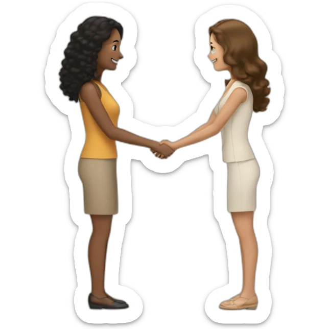 tan woman with black curly hair shakes hands with a woman who has straight light brown hair sticker