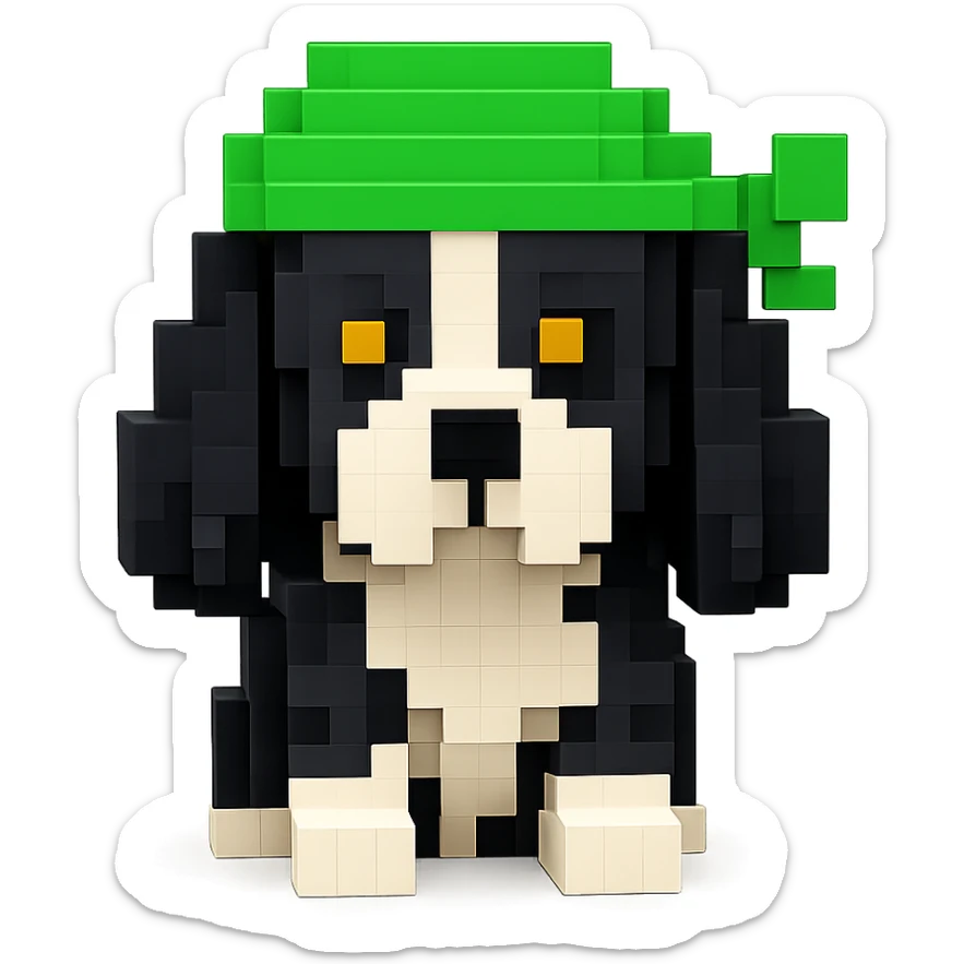 A black and white Russian Cocker Spaniel puppy wearing a green durag, facing forward sticker