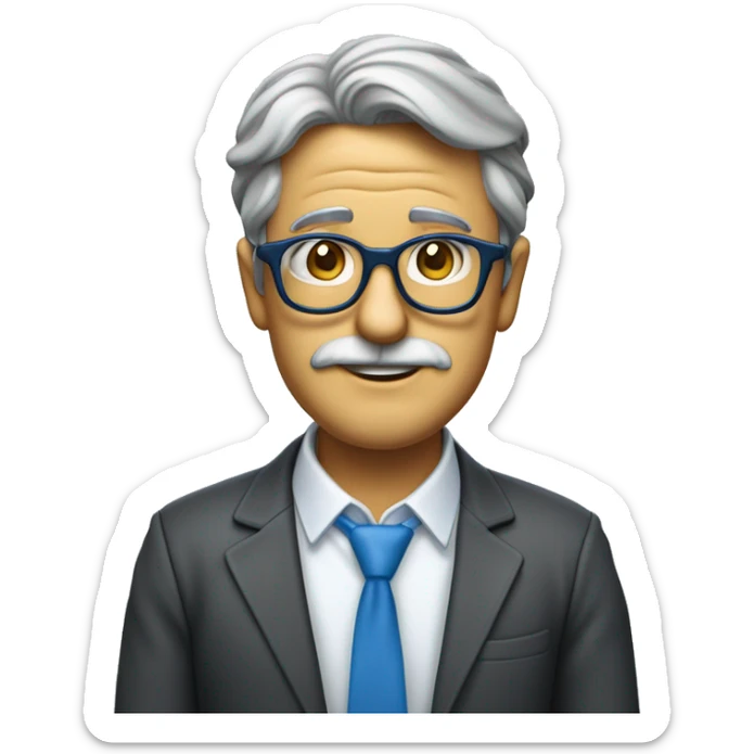 Quiero crear un emoji con una cara parecida a la mía en el que aparezca un profesor de contabilidad, con gafas de pasta azules, con no mucho pelo deunos 55 años sticker