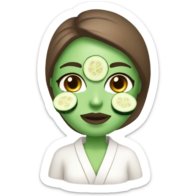 White girl with Brown hair and blue eyes wears a Green colored clay mask and puts on cucumbers around her eyes while She relaxes in her white Robe sticker