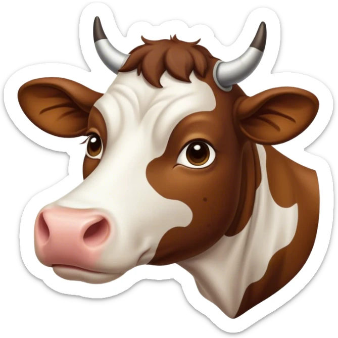Cinematic Noble Brown and White Cow Portrait Emoji, Poised and regal, with a large, sturdy build and a beautifully patterned hide of rich brown accented by crisp white patches, deep-set soulful brown eyes, Simplified yet sharp and sophisticated features, highly detailed, glowing with a soft, dignified glow, high shine, intelligent and calm, stylized with an air of pastoral majesty, focused and attentive, soft glowing outline, capturing the essence of a watchful and confident bovine guardian, so majestic it feels as though it could amble out of the screen with effortless authority! sticker