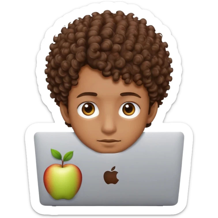 male with brown eyes and very short brown curly hair with a fade, peeking over an Apple laptop sticker
