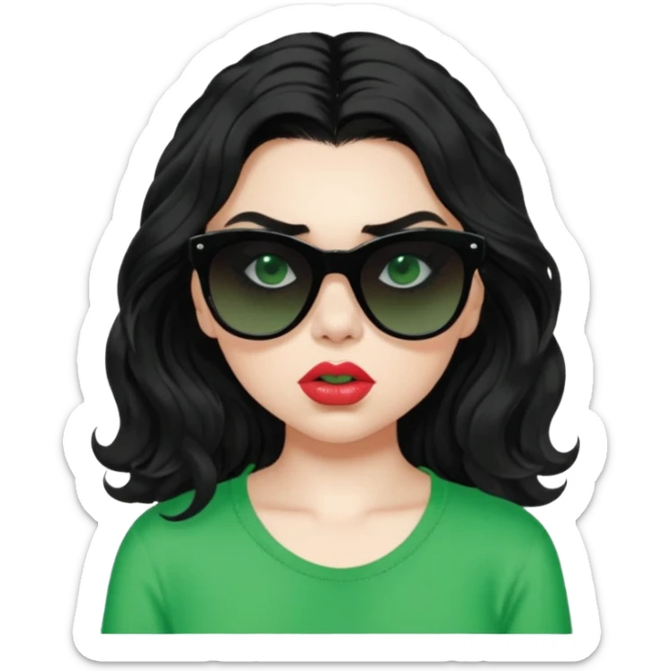 current charli xcx with her long black wavy hair, thick black out sunglasses, pale skin, closed pouting lips, and a bright green top that said brat in the brat font. sticker