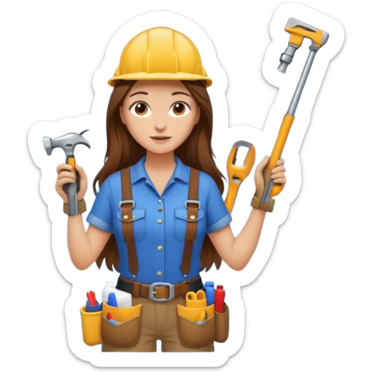 beautiful girl with long brown hair constructing new bathroom area with new shower and amenities  sticker