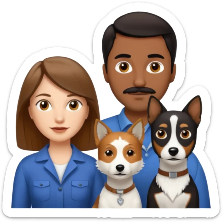 Quiero a una mujer blanca  con el pelo por el hombro lacio castaño  con un hombre de color morochito con el pelo negro y bigote, y un perro blanco Fox terrier  sticker