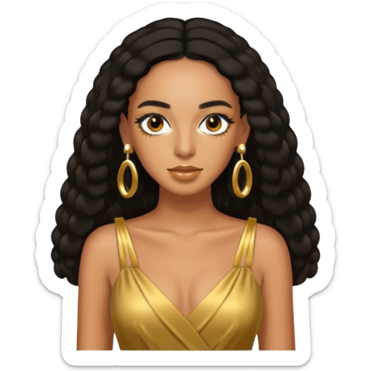 Solange brown eyes, black long hair, gold dress with earrings sticker