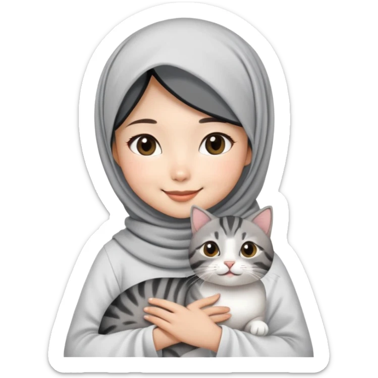 Asian White girl wearing cute hijab and white dress holding a black grey tabby cat while smiling.  sticker