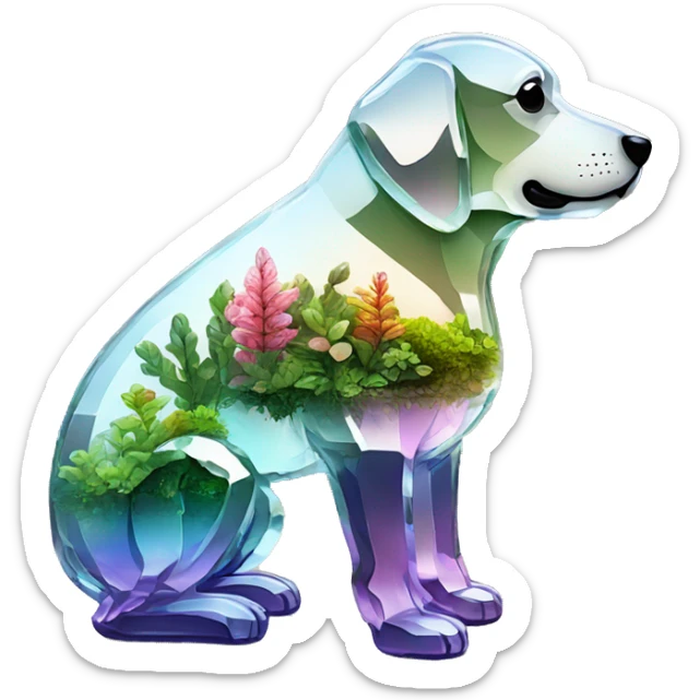 A dog made of glass mirror crystals prisms glass transparent filled with plants as a terrarium with graffiti doodles sticker