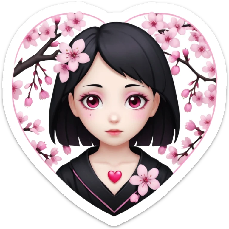 goth sakura heart, white heart with pink cherry blossom petals, cute and dramatic sticker
