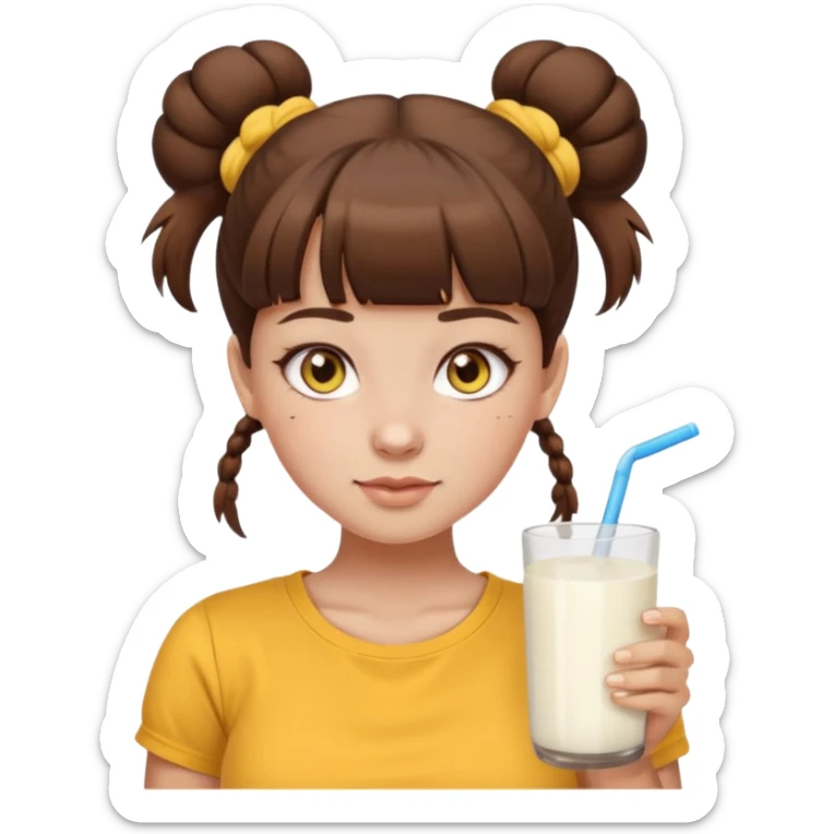 beautiful girl with brown hair with up twin buns style only, straight bangs, yellow eyes, milk brown tshirt, white skin, her body is a little fat  sticker
