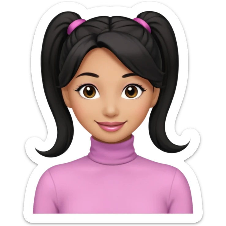 a woman with long sleeve turtle neck top and smile, her hair is long black pony tail, her eyes color are black and the color of her lip is soft pink sticker