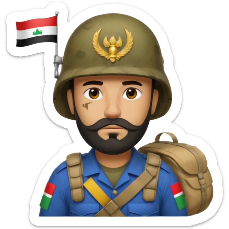 A very tired and sad, swarthy Iraqi soldier with a beard, an Iraqi flag on his helmet, a sad expression and bags under his eyes sticker