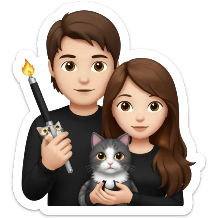 The man is wearing a black shirt and the women is wearing a black top and has longer hair. The cat is lighter  sticker