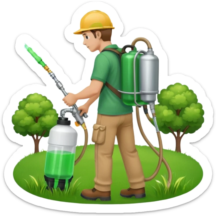 man with a emerald green shirt and tan pants on with backpack chemical sprayer on his back with the hose in his hand pointed downwards at bright green grass sticker