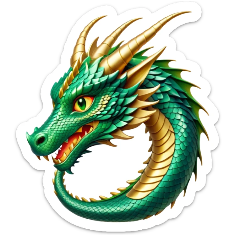 cinematic-noble-dragon-portrait-emoji,-poised-and-majestic,-with-a-sinuous,-elongated-body-covered-in-intricately-detailed,-shimmering-scales-in-hues-of-emerald-and-gold,-and-piercing,-fiery-eyes-that-reflect-ancient-wisdom; sticker