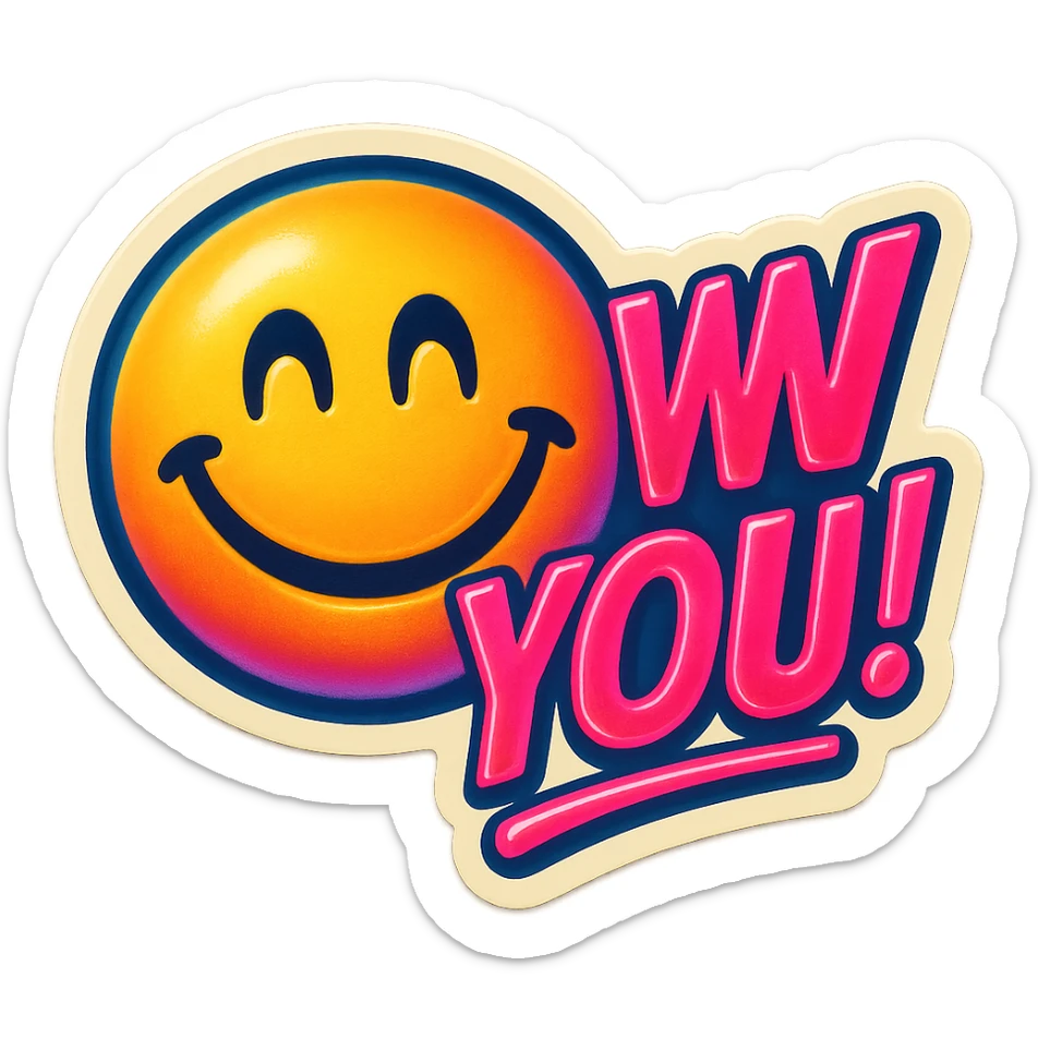 excited smile with mouth closed add the words W You! in pink sticker