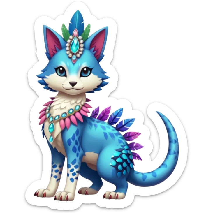 Kawaii cute colorful exotic tropical beautiful pretty elegant divine edgy feline-vernid-sergal-Fakémon-Pokémon-fursona-animal-creature with accessories, jewelries, full body, with intricate detailed markings, feathers, crystals, fins, headdress sticker