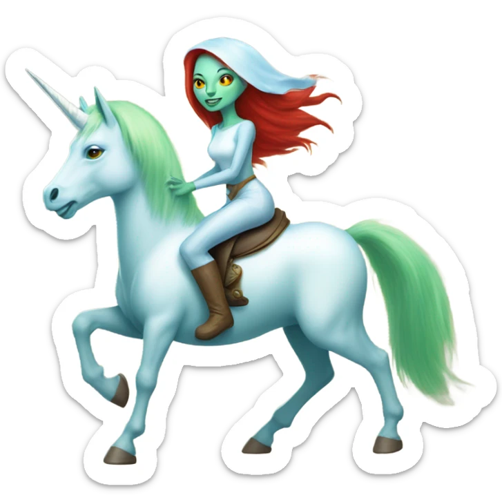[politically incorrect
	{ woman: alien, color: light green, hair:red, eyes:cat} ]
	on a 
	[{ unicorn: white, legged:four, mane: light blue }] sticker