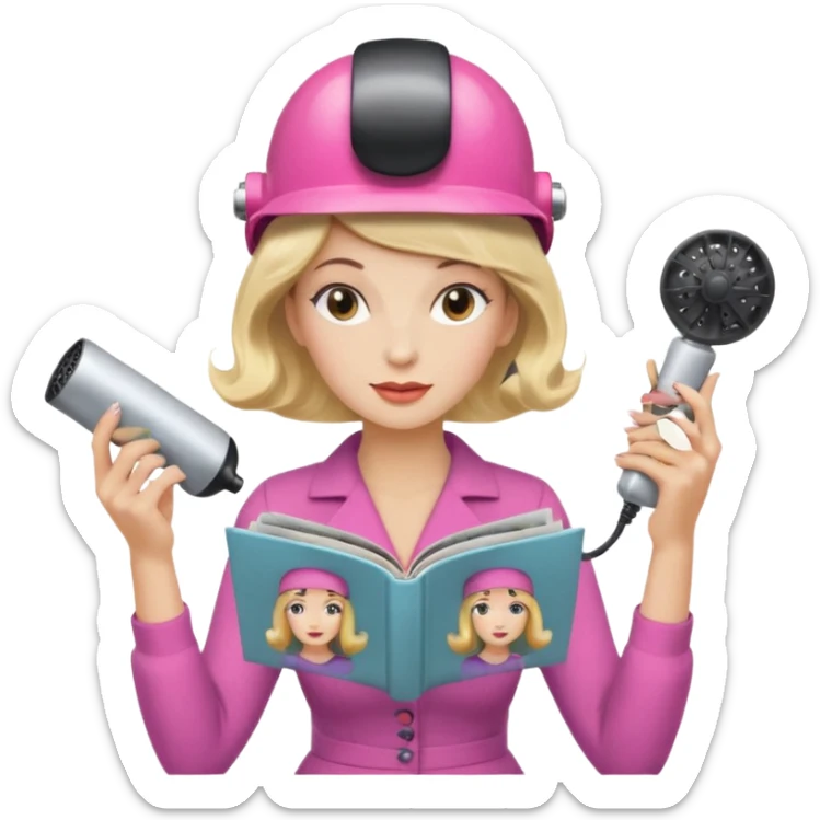 Emoji de mujer con casco secador, pelo recogido, rulos y leyendo revista cogiéndola con las dos manos estilo vintage chic sticker