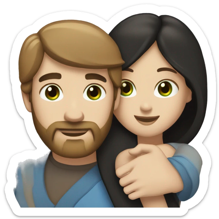 White man BROWN beard and blue eyes and BROWN hair hugging white woman with long straight black hair and green eyes sticker