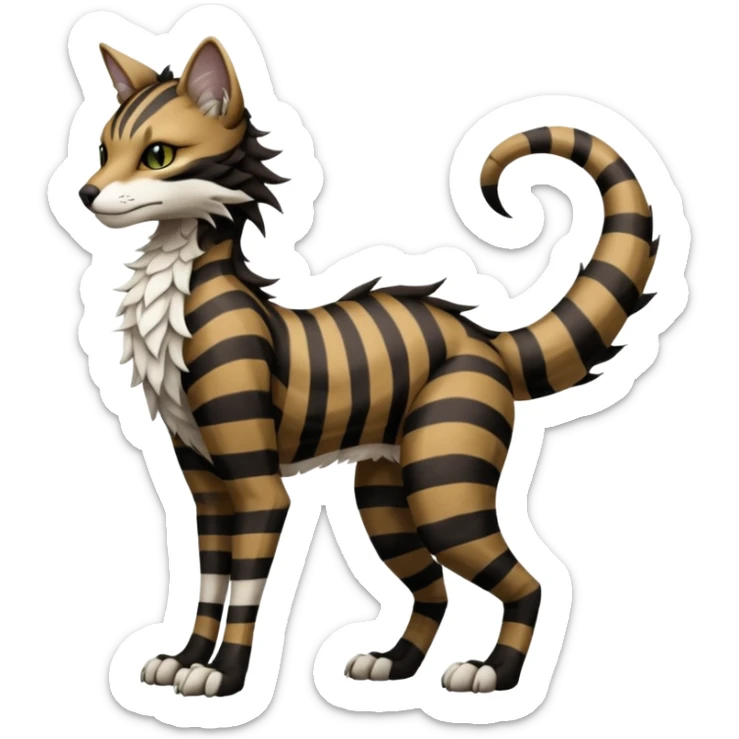 Brown and black and white striped fantasy feline-vernid-sergal-fursona animal creature with a tufted tail full body with intricate markings  sticker