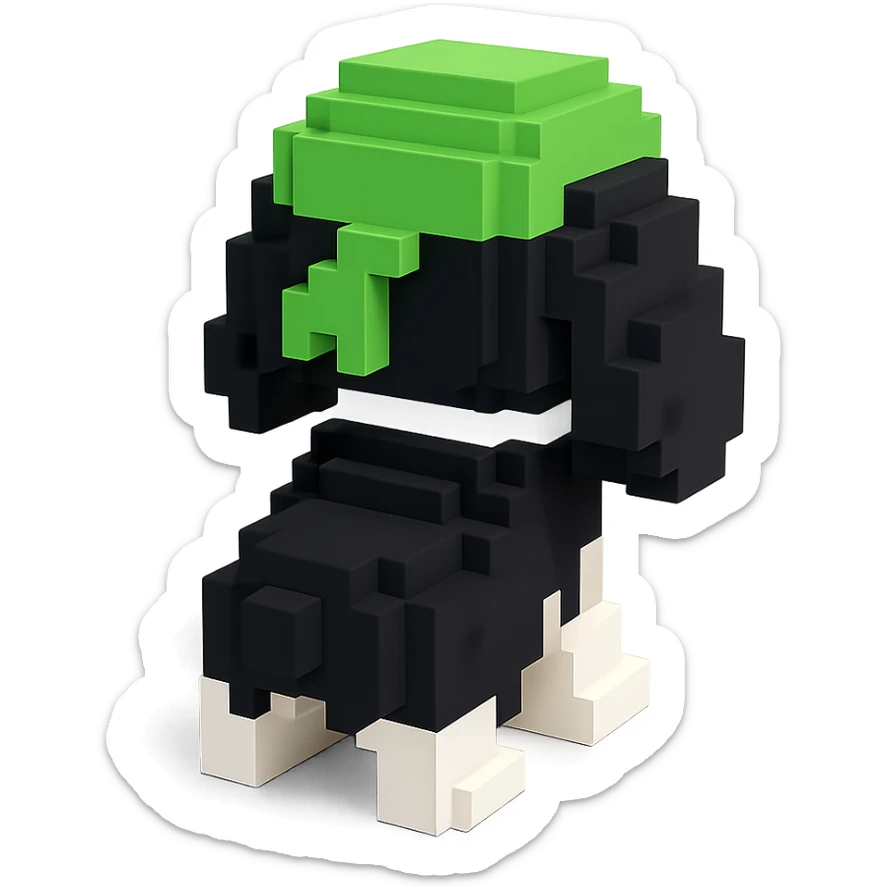 A black and white Russian Cocker Spaniel puppy wearing a green durag, voxel style, facing backward sticker
