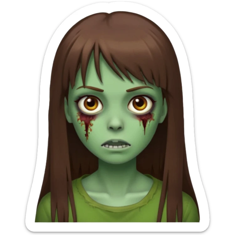 Zumbi feminino, de pele verde, cabelo marrom, longo, liso e castanho com franja reta sticker