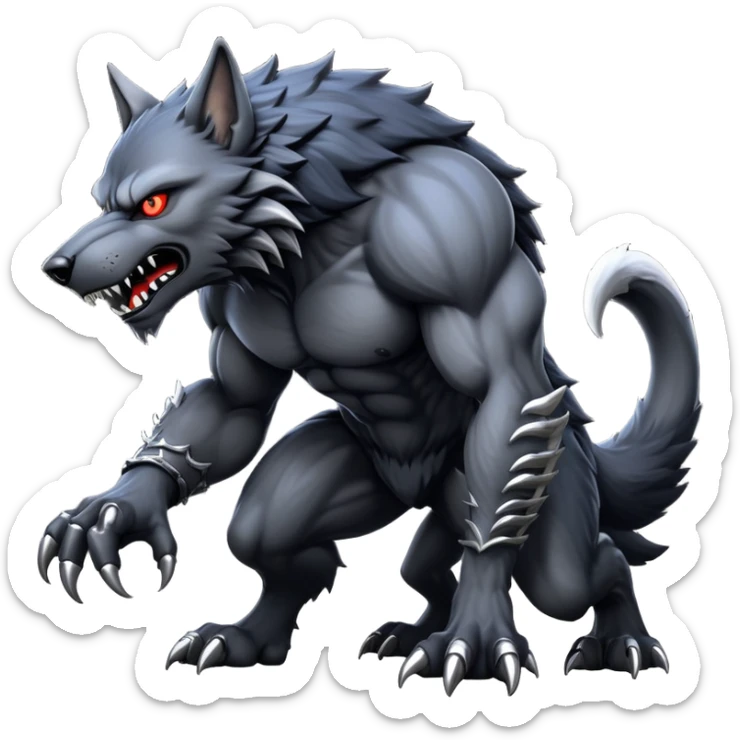 cinematic-noble-fierce-werewolf-on all fours-emoji, poised-and-imposing, with a tall, lean, and muscular wolfish frame inspired by the brutal, imposing shape of the beast from Berserk, fur rippling in shades of midnight black and silver, massive paws with razor-sharp claws, elongated limbs and fangs, eyes glowing with an intense, primal ferocity, reflecting the untamed power of the wild moonlit night; rendered with realism sticker