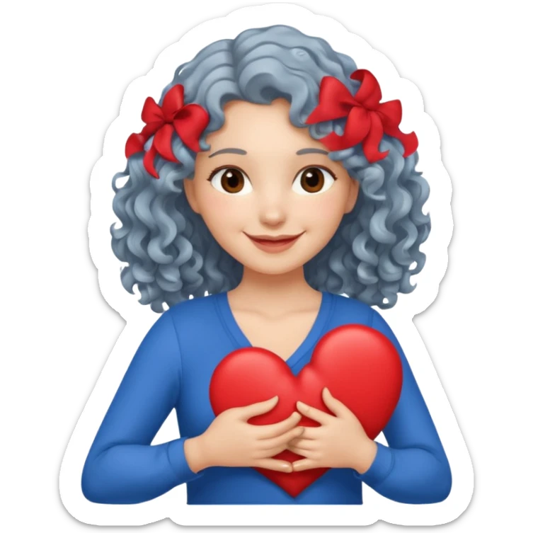 silver, wavy/curly hair chin-length lady giving hug with 2 arms, blue v-neck and smilingm add a heart sticker