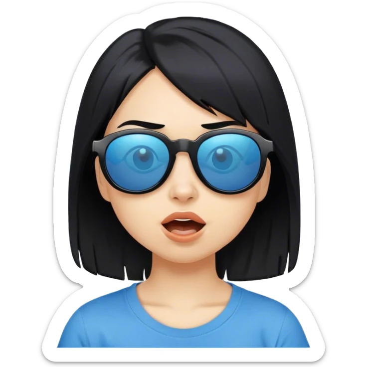 A girl with black bob hair with pony, wearing black sunglasses，funny(0.5) face (0.5)，wacky expression, a blue t-shirt. sticker