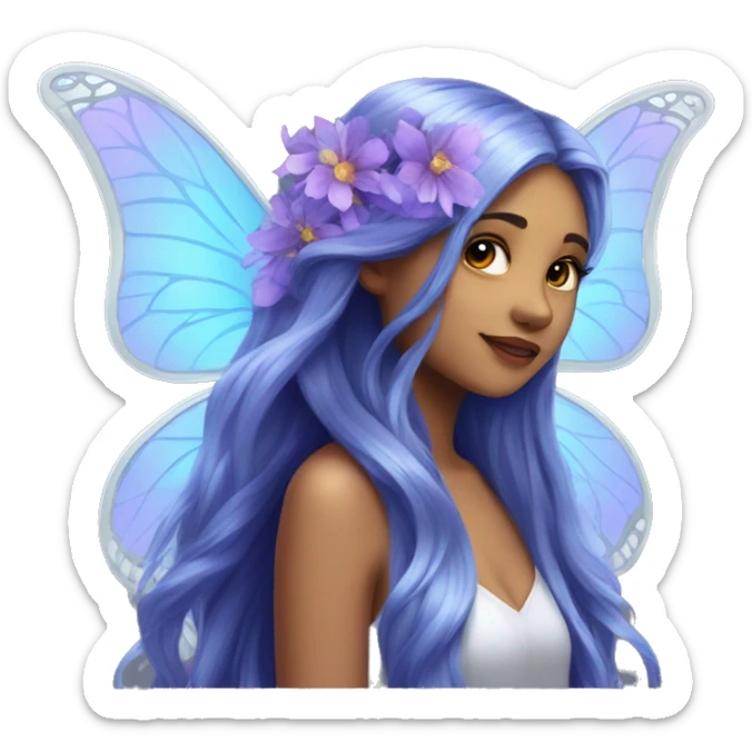 Beautiful, flower, fairy, blue, silver, purple, long hair, big butterfly wings sticker