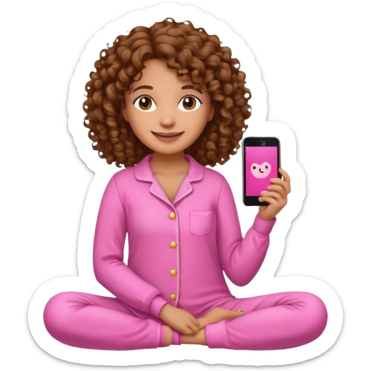 medium skin woman with curly brown hair wearing pink pajamas, iPhone emoji style sticker