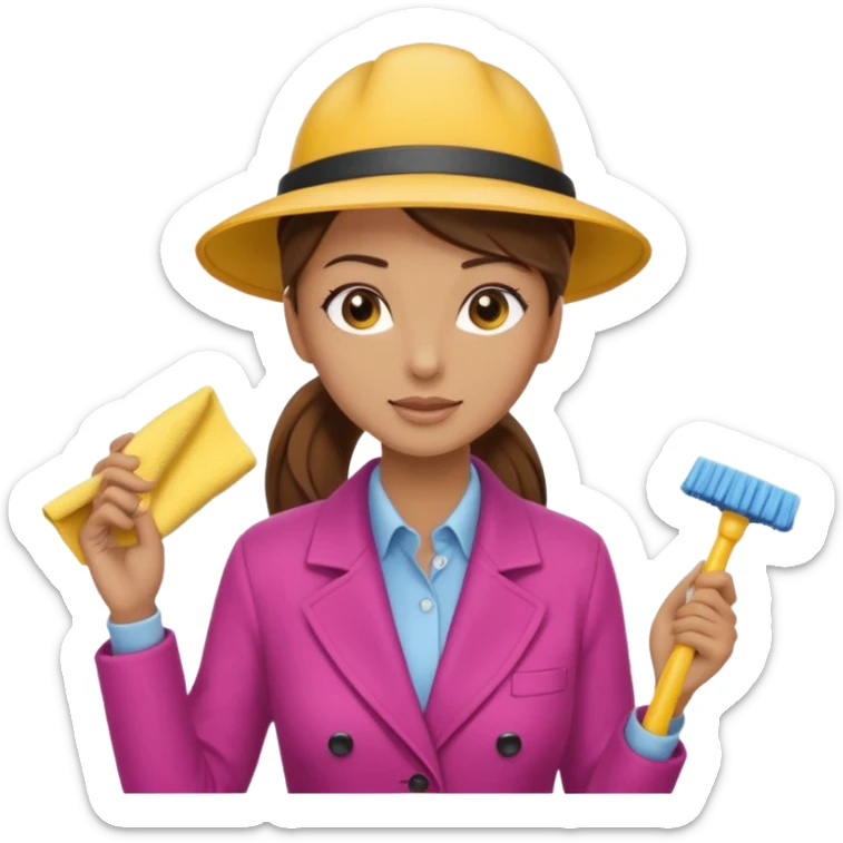 A cleaning Lady with Brown hair, high ponytail and yellow cleaning gloths is Talking to a Detektive with beige had, a beige coap and he is interviewing the cleaning Lady sticker