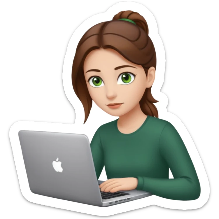 fată cu ochi verzi și păr șaten strâns în partea din spate a capului, lucrând pe un laptop sticker