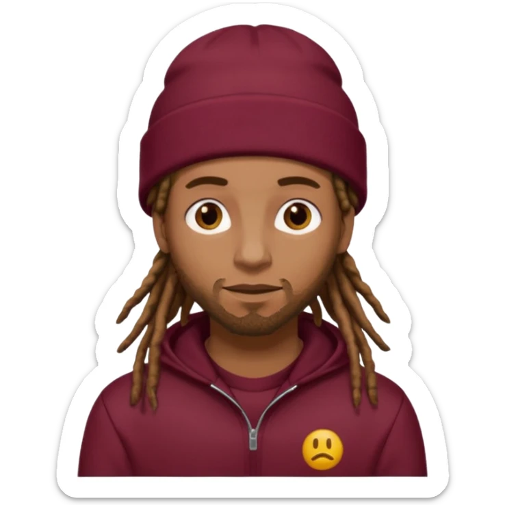 Animate a caramel skinned male with brown dreads and a tan beanie with a burgundy tracksuit on sticker